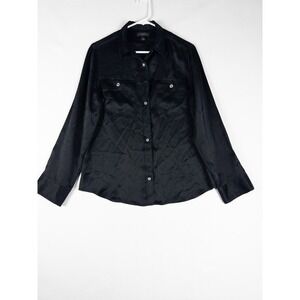 J Crew Shirt Womens 0 Black‎ Satin Solid Button Up Long Sleeve